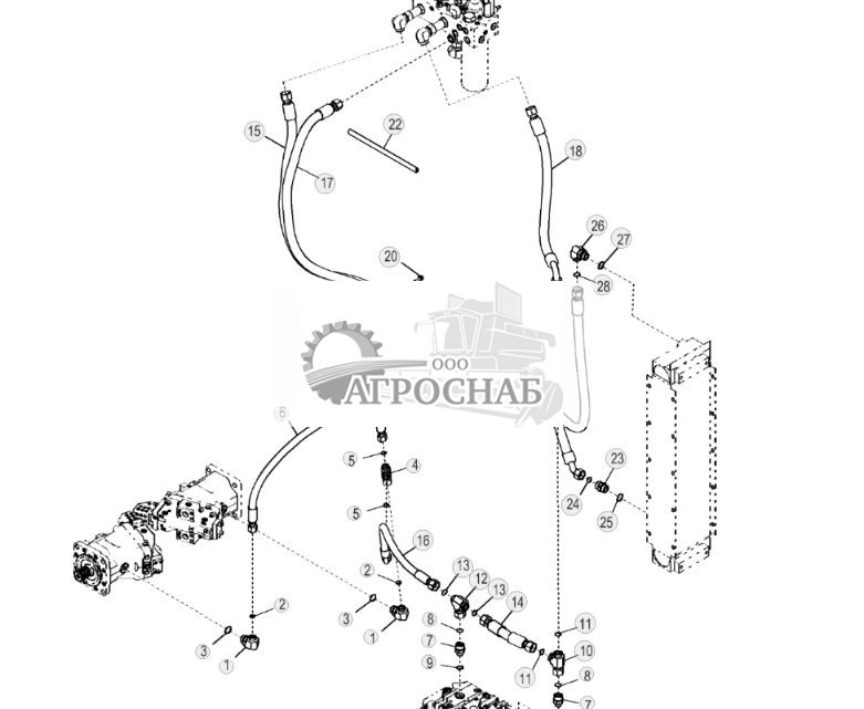 Трубопроводы охладителя байпаса трансмиссии  гидростатического привода (750J) - ST372170 64.jpg